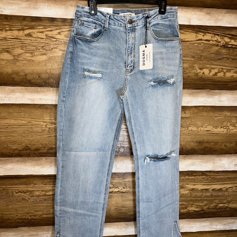 Dogma Distressed High Rise Straight Jeans Side Slit Hem - Picture 7 of 13
